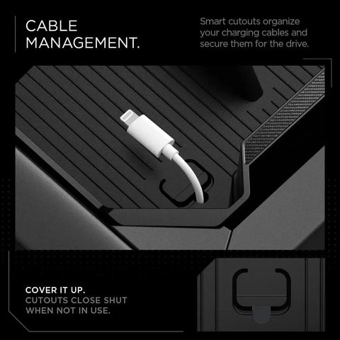 Close-up of center console organizer tray for Tesla Cybertruck with intelligrip padding and cable management feature shown.