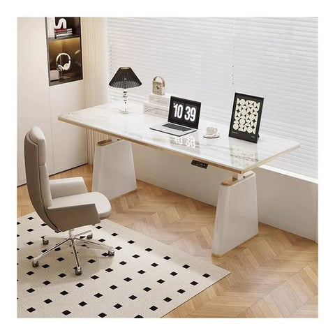 Rock Solid Electric Standing Desk With Four Memory Presets And Smooth Height Adjustment Made For Home Office Or Gaming Setups featuring sleek slate top.