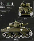 One Eighteen Scale Alloy M4A3 Sherman RC Tank With Smoke, Sound, LED Lights And Recoil, Two Point Four GHz Remote Control shown at 6.7x17.7 inches with accessories including two machine guns and commander figure, detailed side view.