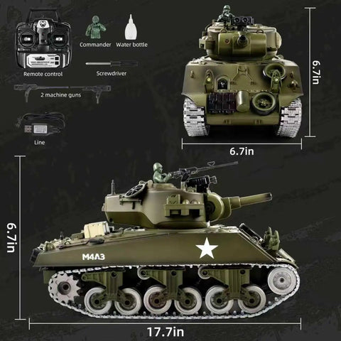 One Eighteen Scale Alloy M4A3 Sherman RC Tank With Smoke, Sound, LED Lights And Recoil, Two Point Four GHz Remote Control shown at 6.7x17.7 inches with accessories including two machine guns and commander figure, detailed side view.