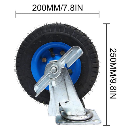 Set Of Four Heavy Duty Pneumatic Swivel Casters With 8 Or 10 Inch Natural Rubber Tires For Industrial Carts showcasing a 200mm tire with metal bracket.