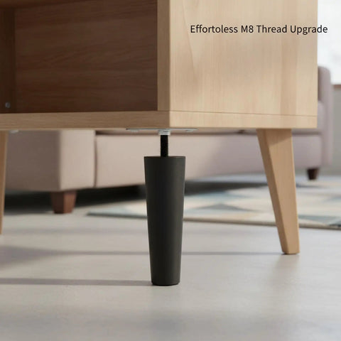 5.9 Inch Conical Furniture Leg With M8 Thread Replacement For Sofa Cabinet Chair Wobble Fix PP Plastic And Metal 2.2 Inch Top Diameter Durable Support For Mid Century Style Furniture, attached to a cabinet.
