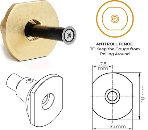 Pro Grade 7 Inch Brass Wheel Marking Gauge Kit With Anti Roll Fence, Micro Adjuster, Metric and Imperial Ruler, Two Extra Cutters And Bolts For Woodworking, Clarke Brothers Scribe Tool For Precise Marking, shown from side view with measurements and anti-roll feature diagram.