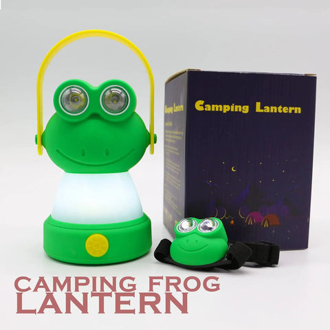 Green frog-shaped LED camping lantern and headlamp set next to packaging. Owl Themed Kid Friendly LED Lantern And Headlamp Set Battery Powered Lit Night Light For Emergency And Camping Lightweight Tent Lamp For Children Perfect For Hurricanes And Backyard Adventures.