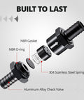 Exploded view of Five Sixteenths Inch Inline Fuel Check Valve One Way Non Return with aluminum 6061-T6 black finish components.