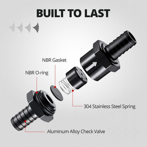 Exploded view of Five Sixteenths Inch Inline Fuel Check Valve One Way Non Return with aluminum 6061-T6 black finish components.
