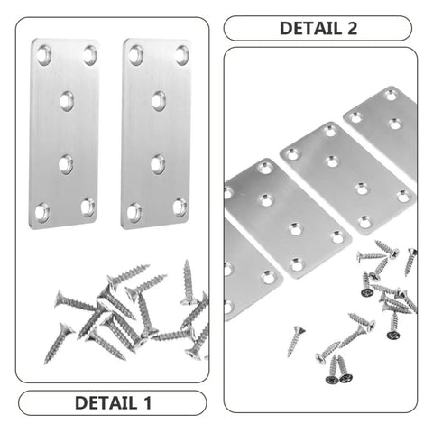 Stainless Steel Straight Flat Brace Brackets For Furniture Support with screws, shown in two detailed views, ideal for wood repair.