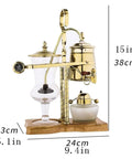 Top Shelf Siphon Coffee Maker Syphon Glass Brewer 4 Cup with gold finish, wooden base, and glass jar, 15in tall for home brewing.