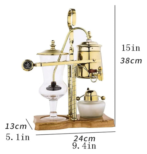 Top Shelf Siphon Coffee Maker Syphon Glass Brewer 4 Cup with gold finish, wooden base, and glass jar, 15in tall for home brewing.