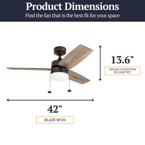 Reston 42 Inch Modern Farmhouse LED Ceiling Fan With Light Dope Pull Chain Dual Mounting Options Dual Finish Blades Reversible Motor