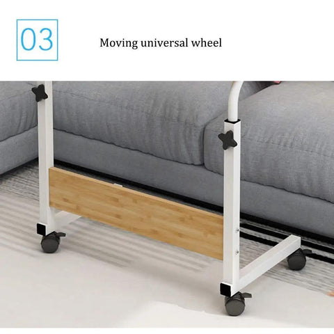 Super Handy Rolling Laptop Table with quick height tweaks displayed with universal wheels for easy movement next to a couch.