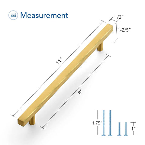 Square Brushed Gold Cabinet Pulls 8 Inch Rock Solid Stainless Steel Drawer Knobs with installation measurements.