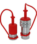 Front view: two red 1/2-inch ISO 5675 hydraulic quick-connect tractor couplers with dust caps and knurled metal bodies