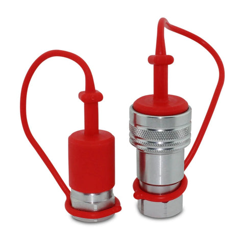 Front view: two red 1/2-inch ISO 5675 hydraulic quick-connect tractor couplers with dust caps and knurled metal bodies