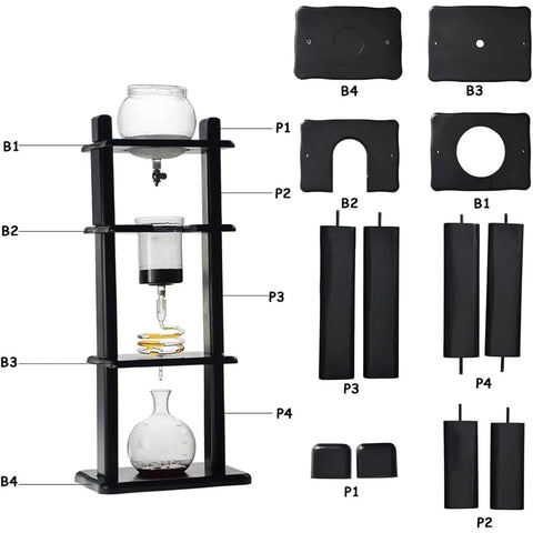 Kickstart Your Morning Routine With This Hella Smooth Cold Brew Coffee Tower Featuring A Slow Drip Ice Coffee Brewer With Adjustable Flow Control And Spacious Glass Container Pouring Five To Eight Cups Of Top Tier Chilled Java For Daily Office Use, showing parts of the black wooden stand and glass components.