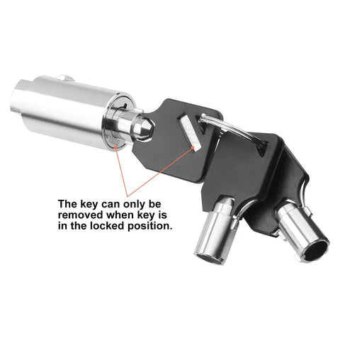 Close-up of keyed alike vending machine lock set with tubular keyway, showing key insertion with text on key removal condition.
