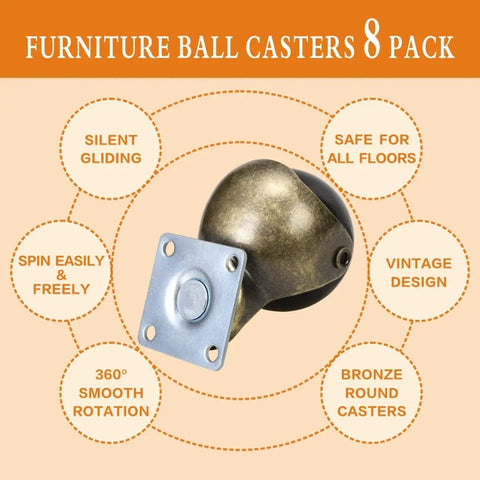 Vintage 2 Inch Ball Caster Wheels For Furniture Antique Brass Swivel Plate Castors Non Marking Polypropylene Anti Skid Runners Heavy Duty Workhorses Smooth As Butter Glide No Sweat Setup 8 Pack showcasing bronze round caster with swivel plate.
