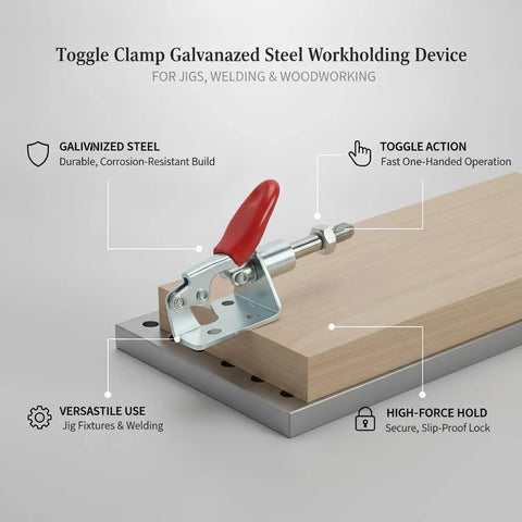 Built Like A Tank Galvanized Steel Toggle Clamp With Bright Red Handle For Welding Fixtures And Woodworking Jigs Clamping Pieces Fast With No Sweat Grip During Any Build Project on wooden jig with metal base.