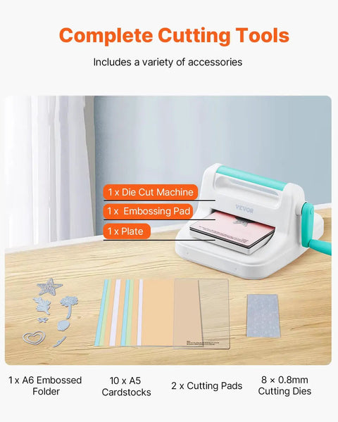 All In One Manual Die Cutting And Embossing Machine For Scrapbooking And Card Making, Starter Kit With 6 Inch Opening shown with tools