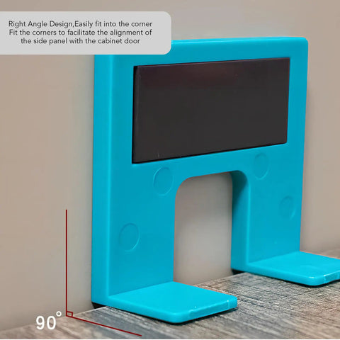 Blue Easy Hinge Mate Magnetic Jig for Quick Door Installations in right angle design on a wooden surface