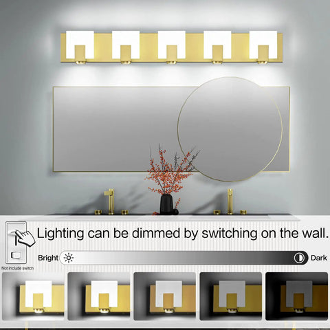 Dimmable Modern Bathroom Vanity Light Over Mirror In Golden Finish LED 5 Light Bar Fixture Slim Angled Design above mirror