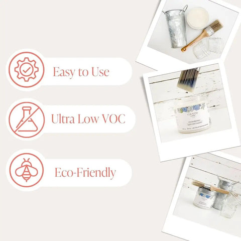 Clear Bonding Primer For Chalk Style Furniture Prep Base Coat On Laminate Glass Metal Or Oil Based Paint Or Stain Easy Brush On Eco Friendly Low VOC Water Based Dries Clear 32 Oz Quart shown with application tools and eco-friendly icons