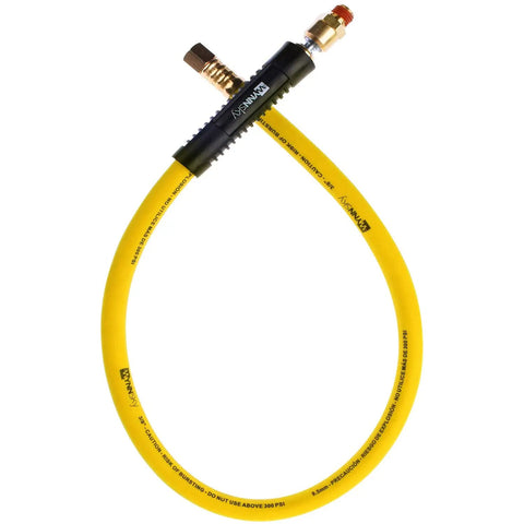 Top Shelf Heavy Duty Air Compressor Hose 30 Feet Long 1/4 Inch Diameter 300 Psi Max with yellow rubber material and brass fittings.