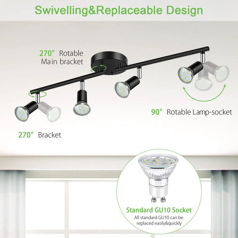 LED Track Lighting Kit 24.8 Inch Black Four Light Ceiling Spotlight With Flexible Rotatable Heads Includes Four GU10 LED Bulbs 4W Daylight White 5000K 400LM Dope Look For Any Room