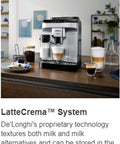 Automatic Espresso And Cappuccino Coffee Machine With Smooth Latte Crema System One Touch Brew Options Conical Burr Grinder And 13 Adjustable Settings For Killer Daily Sips In Sleek Chrome on wooden counter with coffee.