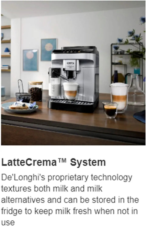 Automatic Espresso And Cappuccino Coffee Machine With Smooth Latte Crema System One Touch Brew Options Conical Burr Grinder And 13 Adjustable Settings For Killer Daily Sips In Sleek Chrome on wooden counter with coffee.