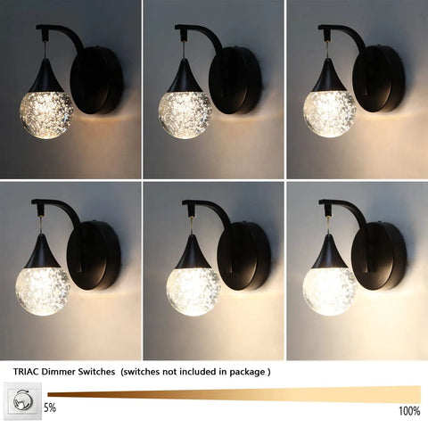 Crystal Bubble Wall Sconce With Dimmable LED 5W, 3300K Warm White, Matte Black Finish, showing various lighting levels