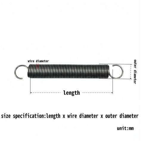 Heavy Duty Steel Hook Extension Spring For Garage Doors Rc Cars And Custom Builds Featuring 4Mm Wire Gauge And Flexible 360 To 500Mm Span, showing length and diameter specifications.