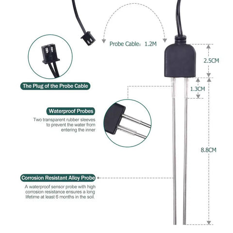 Diagram of resistive soil moisture meter set with corrosion resistant probes showing dimensions and features for Arduino projects.