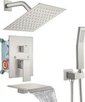 All-In-One Shower System With Tub Spout And Square Rainfall Head, Handheld Sprayer, Wall-Mount Tub Faucet, 8-Inch Brushed Nickel