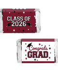 Class Of 2026 Graduation Mini Candy Bar Wrappers For Epic Party Favors, maroon design, showing 'Class of 2026' and 'Congrats Grad' text