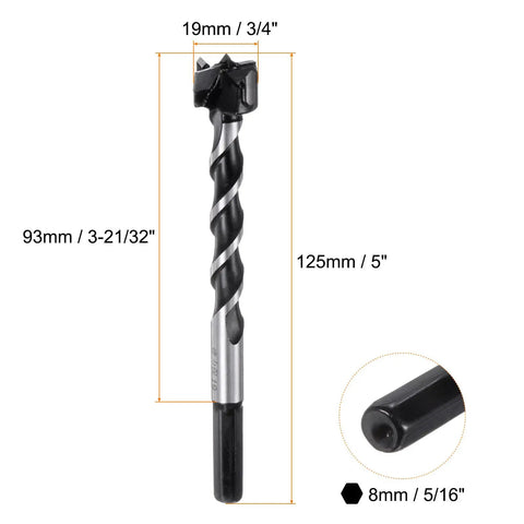 Pro Level Tungsten Carbide Forstner Drill Bits Two Piece Set Three Quarter Inch Wood Bore With Eight Millimeter Hex Shank image showing 3/4 inch drill bit size.