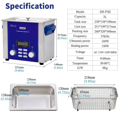 3 Liter Ultrasonic Jewelry Cleaner With Degas Sweep And Power Adjustment For Circuit Boards Rings Eyeglasses Dentures Coins And PCB Parts Pro Grade Ultrasonic Cleaning Machine with specifications and dimensions