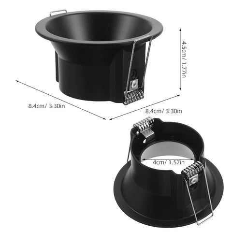 Operitacx Black Metal MR16 Downlight Housing, Fits 1.57" Cut-Out, 3.3" OD, view of round recessed ceiling spotlight trim