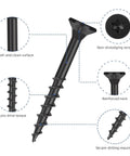 Black Deck Screws With Epoxy Coating For Wood Fence And Outdoor Decking, Rust And Salt Spray Resistant, T25 Torx Bit Included, Size Eight By One And A Half Inches, close-up features.