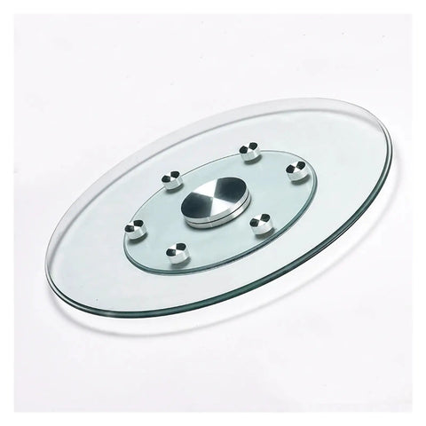 Sturdy Double Layer Tempered Glass Lazy Susan Dining Table Top Turntable with aluminum bearings for smooth rotation, side view.