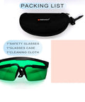 Top Shelf Laser Safety Glasses Hella Secure Against Uv Blue Red And Infrared Beams Od4 Plus Lens in black case with cleaning cloth.