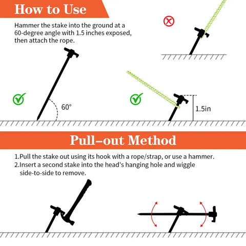Instructions for using and pulling out Beefy Heavy Duty 10 Inch Tent Stakes And Hammer Kit 10 Pack With Storage Pouch For Easy Setup.