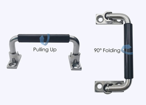Stainless Steel Folding Cabinet Handle 4 Inch 90 Degree Pull With Rubber Grip, showing pulling up and 90° folding positions.