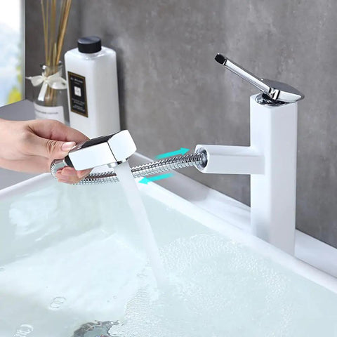 Tall Pull-Down Vessel Sink Faucet With Pull-Out Sprayer, Single Hole Lavatory Mixer Tap in action, chrome and white finish