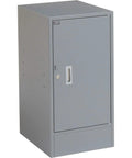 Heavy Duty Gray Pedestal Workbench Featuring Three Individual Locking Drawers Plus A Secure Bottom Cabinet industrial gray steel cabinet