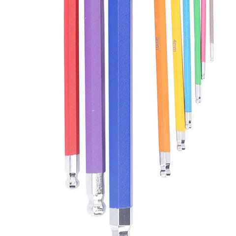 Solid Multi Color Hex Wrench Set With Long Arms For Tight Spots, CR V Steel Heavy Duty 9 Piece Key Kit, 5mm to 1.5mm