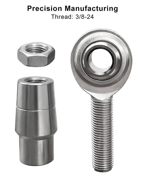 Beefed Up Heavy Duty Three Eighths By Three Eighths Twenty Four Thread Heim Joints Rod End Kit For Panhard Bar Left And Right Hand With.058 Bungs Heat Treated And Chrome Plated For Extra Durability Easy Install For Off Road Suspension. 3/8-24 rod ends with bung and nut