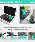 Pro Grade Diamond Core Drill Bit Set 9 Piece For Tile Marble Porcelain Ceramic Concrete Masonry With 6mm 8mm 10mm 20mm 25mm 35mm 50mm Core Bits, 10 To 25mm Finger Bit, And SDS Plus Adapter For Dry Or Wet Drilling in a case with tools displayed.
