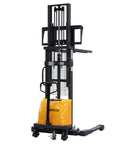 Top Tier Apollo Semi Electric Stacker Pallet Jack With 3300 Lb Capacity And 98 Inch Lift Height adjustable forks view from the front.
