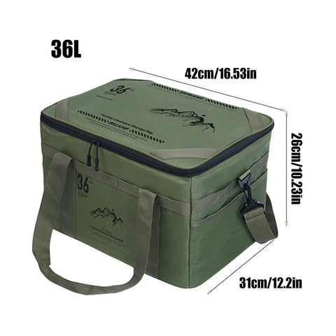 Green 36L Travel Duffle Bag with shockproof storage system, showcasing dimensions: 42cm x 26cm x 31cm for hiking and weekend getaways.
